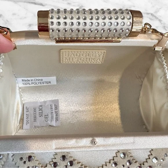 Badgley Mischka Off White Satin Rhinestone Clutch Evening Handbag Chain - Picture 11 of 16